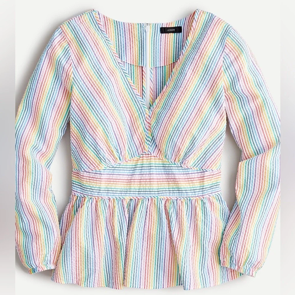 J. Crew V-neck Peplum Top Blouse in Rainbow Stripe Seersucker Size 00 XXS XS